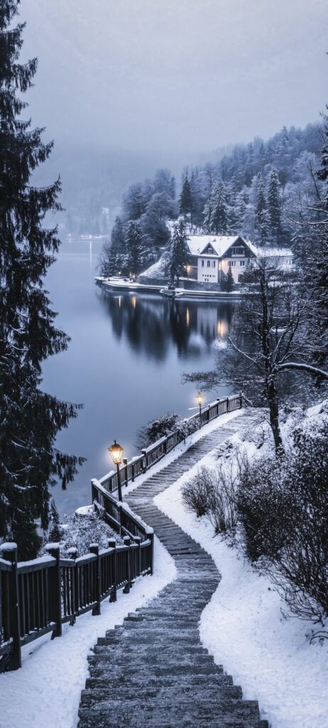 _ 6 Snowy pathway leads to a peaceful lakeside cabin surrounded by trees reflecting in tranquil waters. | Sky Rye Design Snowy pathway leads to a peaceful lakeside cabin surrounded by trees reflecting in tranquil waters.