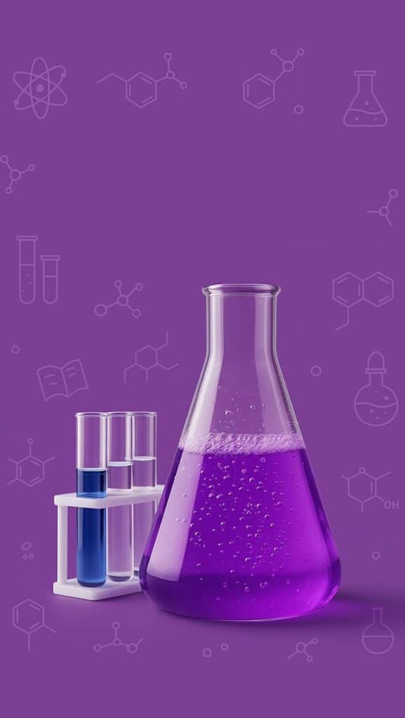 Purple chemistry flask and test tubes with liquid on a science-themed background.