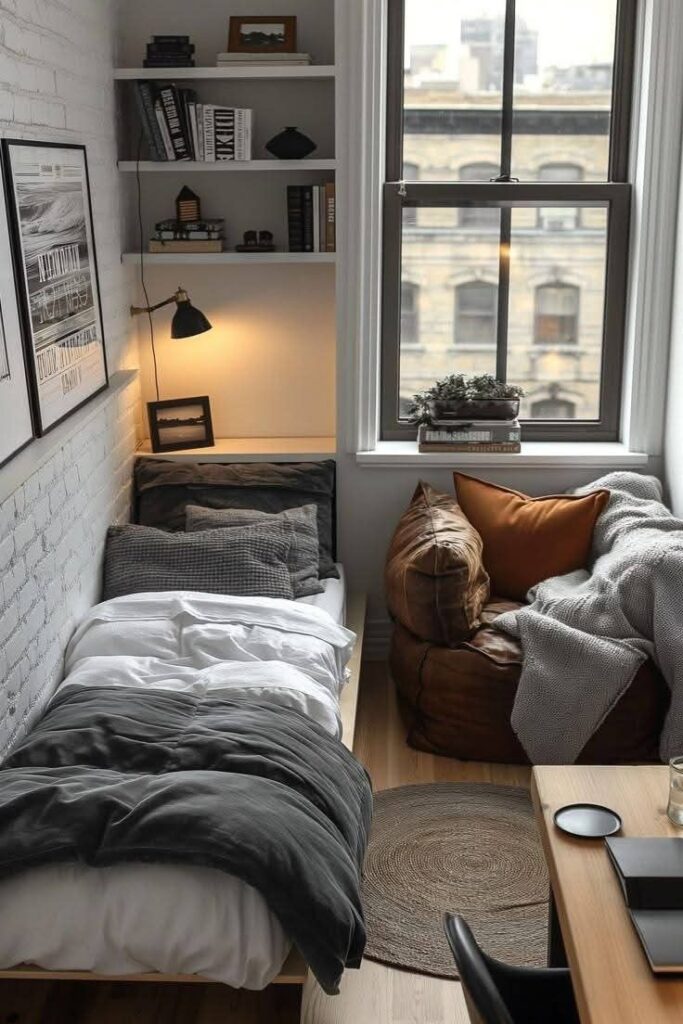 Cozy bedroom with a single bed, bookshelves, window view, and a comfy armchair in a modern, minimalist style.