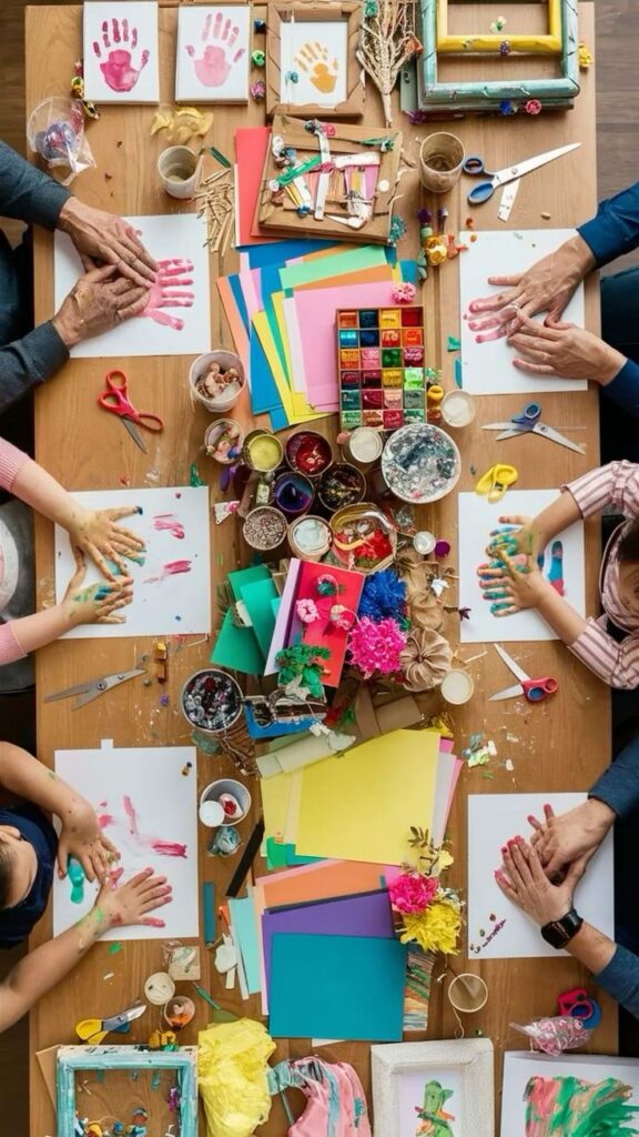 _ 6 People creating colorful handprint art at a craft table, surrounded by art supplies and paper. | Sky Rye Design People creating colorful handprint art at a craft table, surrounded by art supplies and paper.