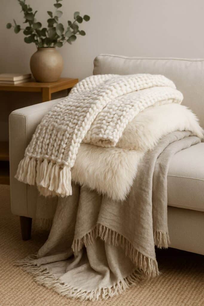 Cozy beige throws and a plant create a warm, inviting setting on a neutral-toned couch. Perfect for home decor.
