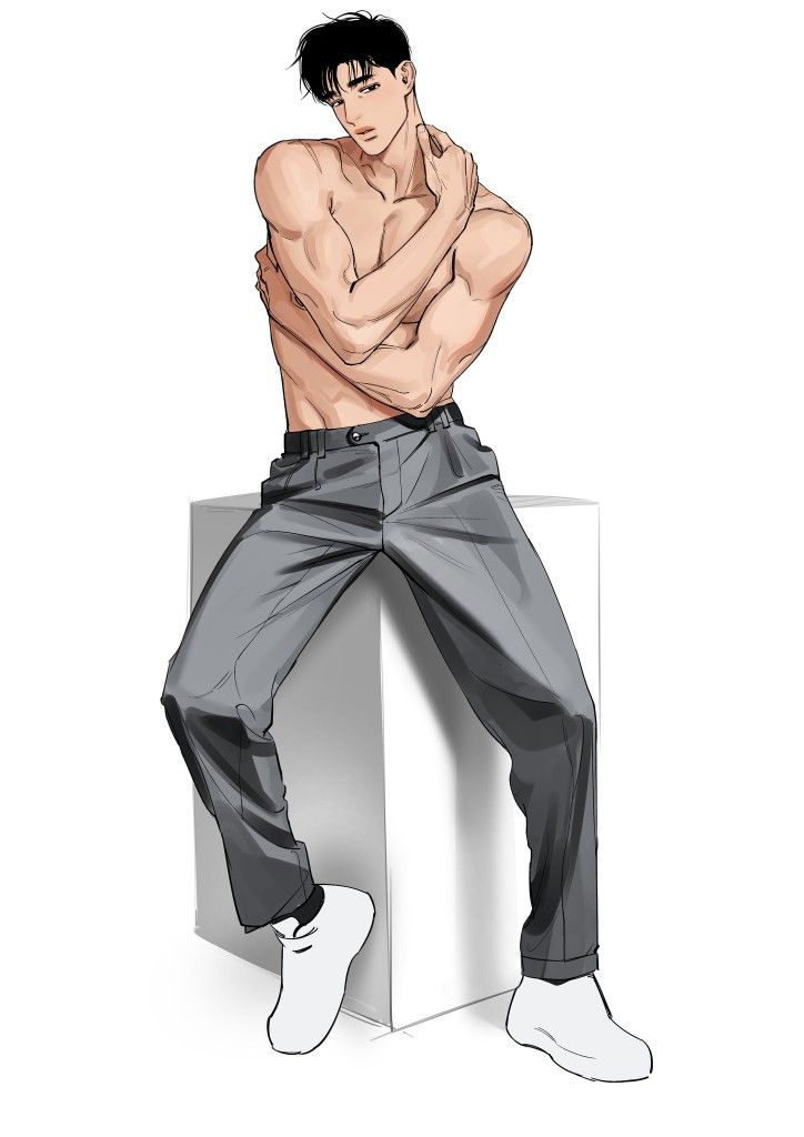 Illustrated muscular man posing shirtless in gray pants, sitting on a white block.