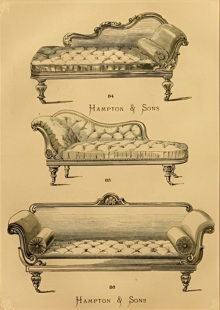 Vintage Hampton & Sons furniture design: three ornate chaise lounges with intricate woodwork and tufted upholstery.