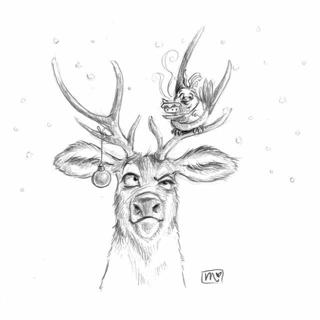 Whimsical drawing of reindeer with ornamented antlers and a grumpy bird perched on top.