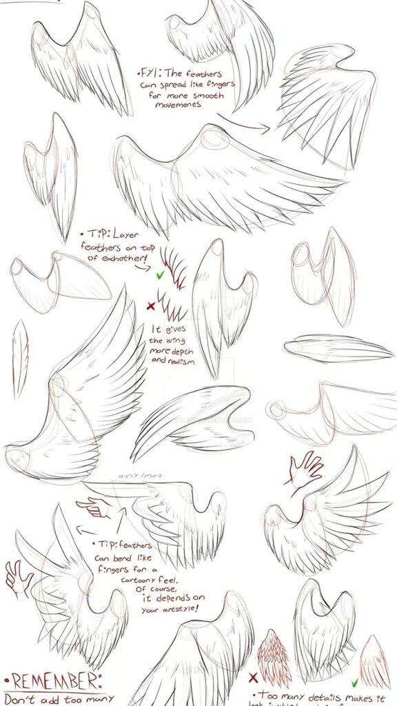 Illustrated guide to drawing wings with tips on feather layering and movement for realism and a cartoon feel.