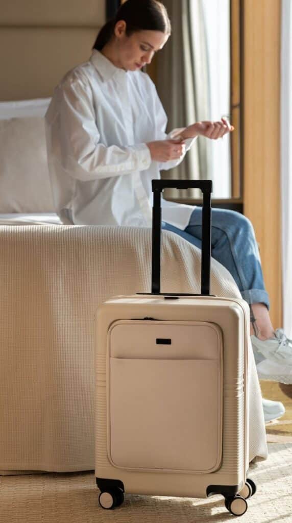 63390f25-ec08-4b31-99e9-3225c16a81f4 Woman sitting on a bed with a beige suitcase in a hotel room, checking her phone, ready for travel. | Sky Rye Design Woman sitting on a bed with a beige suitcase in a hotel room, checking her phone, ready for travel.