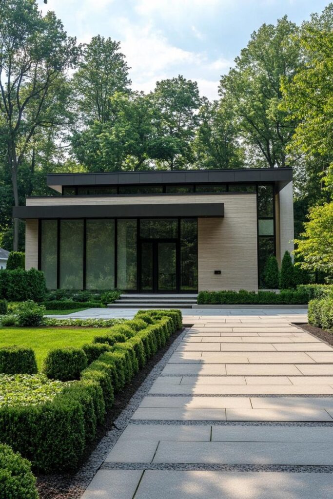 64 Stunning Facade Cladding Designs for Modern Homes Modern minimalist house with large windows surrounded by lush greenery, featuring a sleek stone pathway. | Sky Rye Design Modern minimalist house with large windows surrounded by lush greenery, featuring a sleek stone pathway.