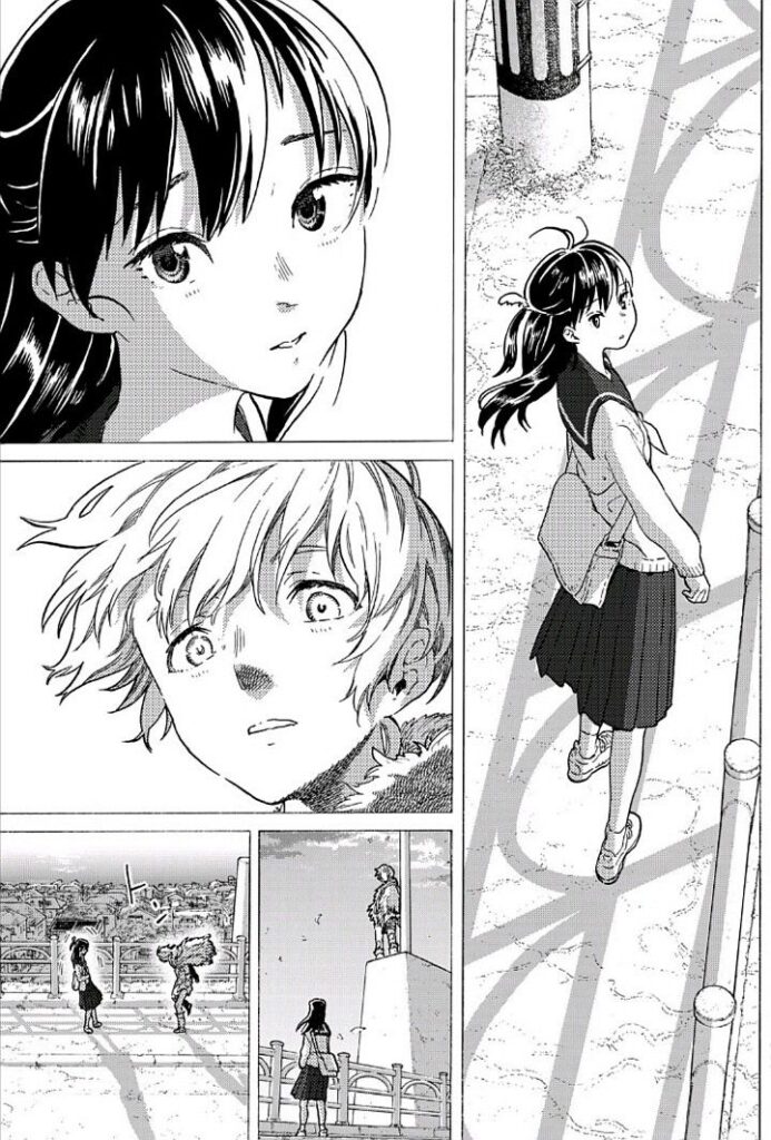 643e242c-d80e-4d40-9993-03abd5436b7d Manga style comic with characters looking at each other, featuring a bridge scene and a young woman walking thoughtfully. | Sky Rye Design Manga style comic with characters looking at each other, featuring a bridge scene and a young woman walking thoughtfully.
