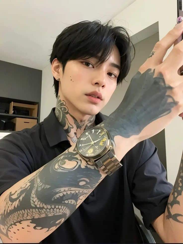 Young man with black hair and tattoos takes a selfie, wearing a watch and black shirt in a modern room.