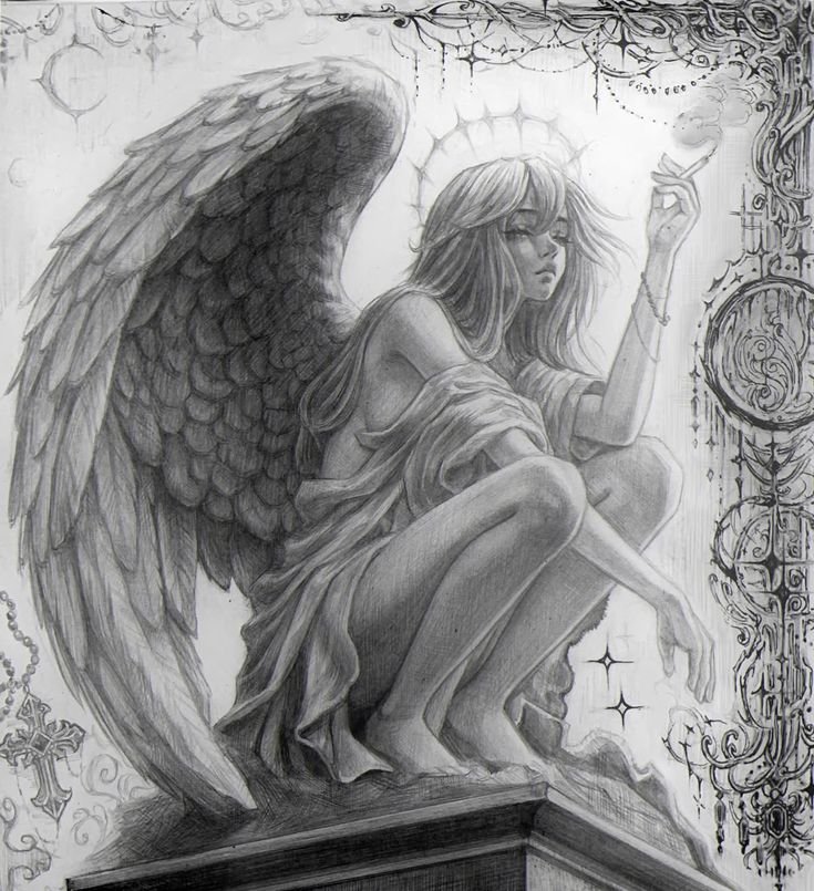 Pencil drawing of a pensive angel with large wings, intricate patterns, and a serene expression.