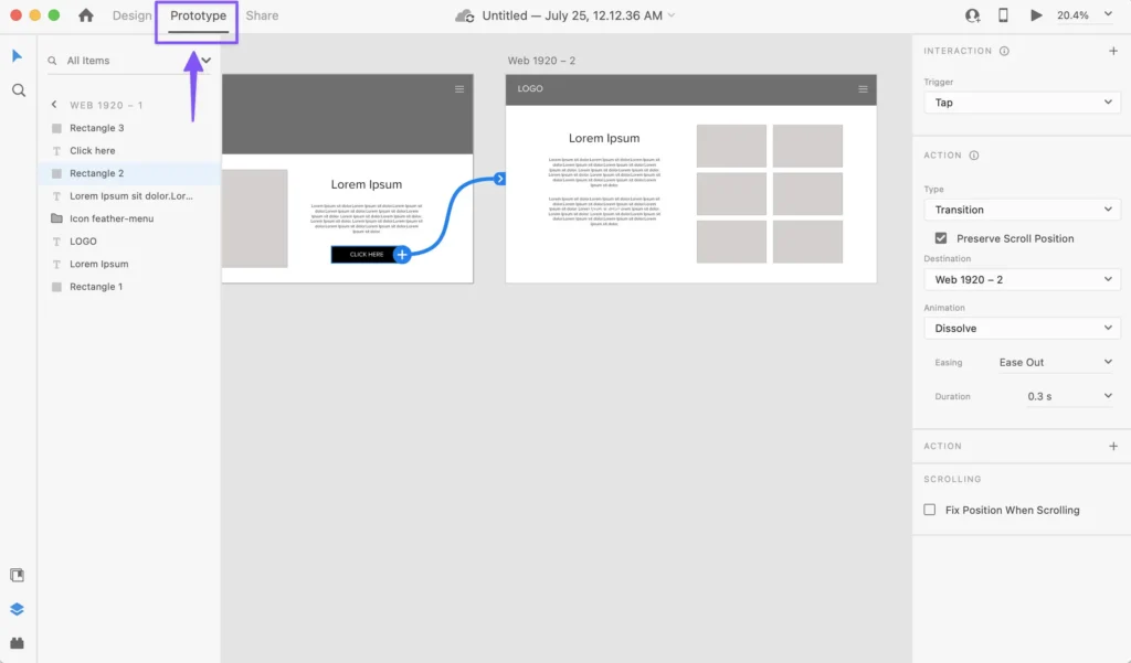 Adobe XD prototype design showing transition and interaction settings between artboards.