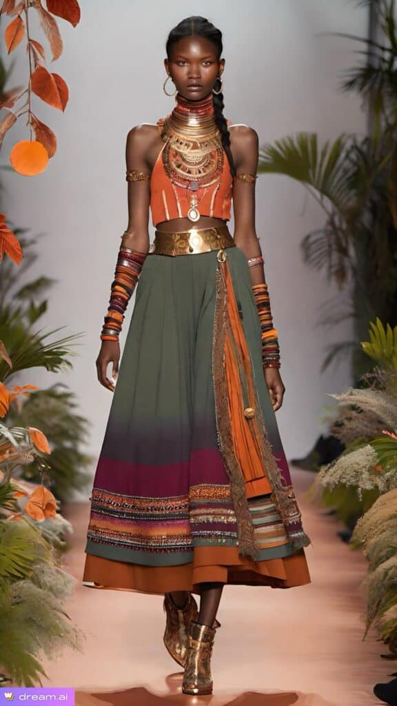 Fashion model wearing vibrant, tribal-inspired ensemble with bold accessories on a runway, surrounded by tropical foliage.