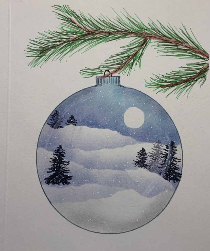 Illustration of a Christmas ornament with snowy night scene and pine branch, capturing a wintry holiday atmosphere.