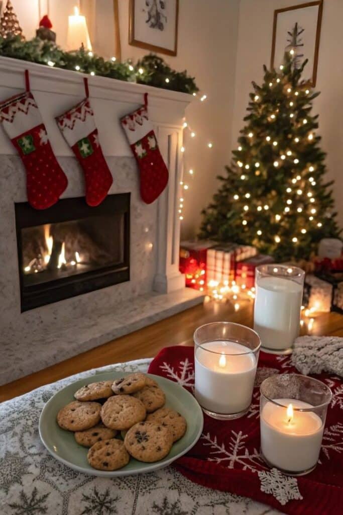 Cozy Christmas scene with cookies, milk, and candles by a fireplace and decorated tree.