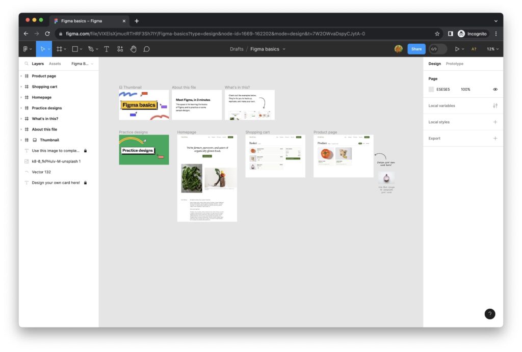 Figma interface displaying design drafts including homepage, product, and shopping cart pages for a web project.