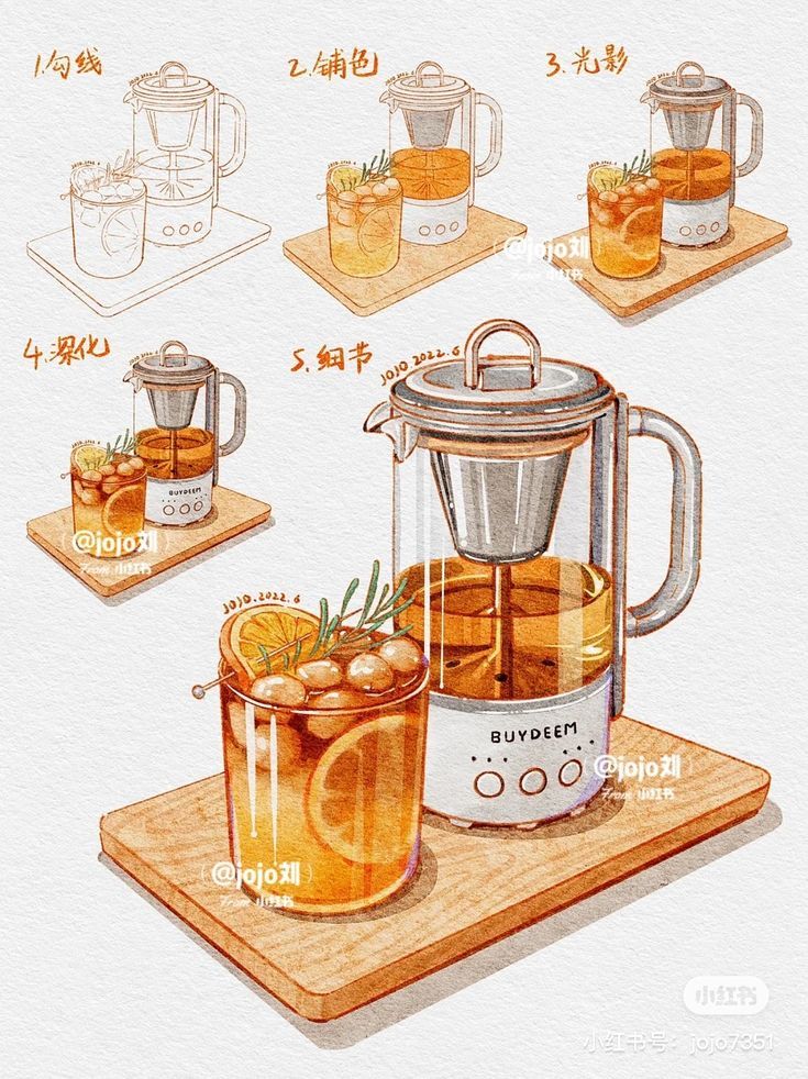 Illustrated step-by-step guide of a tea maker with a glass of iced tea on a wooden tray.