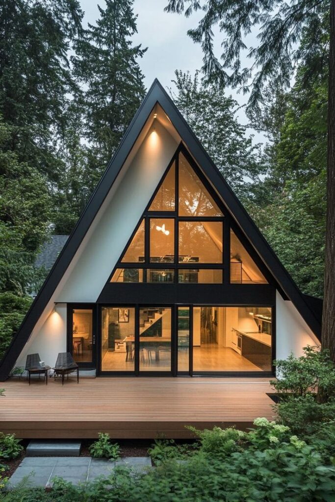 67 Triangle Houses That Showcase Bold Geometric Design A-frame cabin with glass facade nestled in lush forest, featuring wooden deck and modern interior lighting. | Sky Rye Design A-frame cabin with glass facade nestled in lush forest, featuring wooden deck and modern interior lighting.