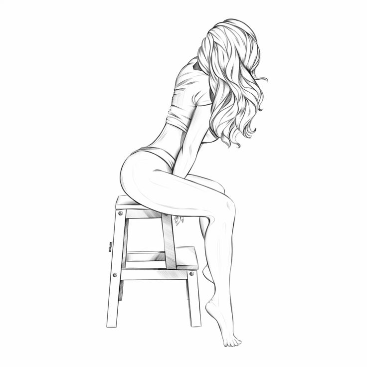 Illustration of a woman sitting on a stool, side view with long hair, wearing a crop top and shorts.