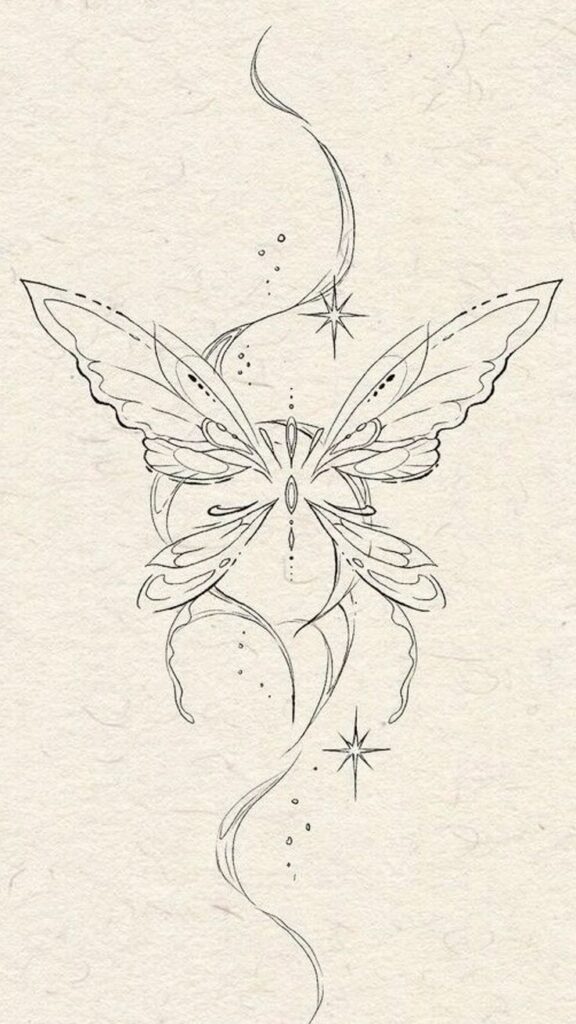 69e512154c328ea2570812ad139f8cc7 Elegant butterfly line art tattoo design with swirls and sparkles on a textured background. Simple and enchanting illustration. | Sky Rye Design Elegant butterfly line art tattoo design with swirls and sparkles on a textured background. Simple and enchanting illustration.
