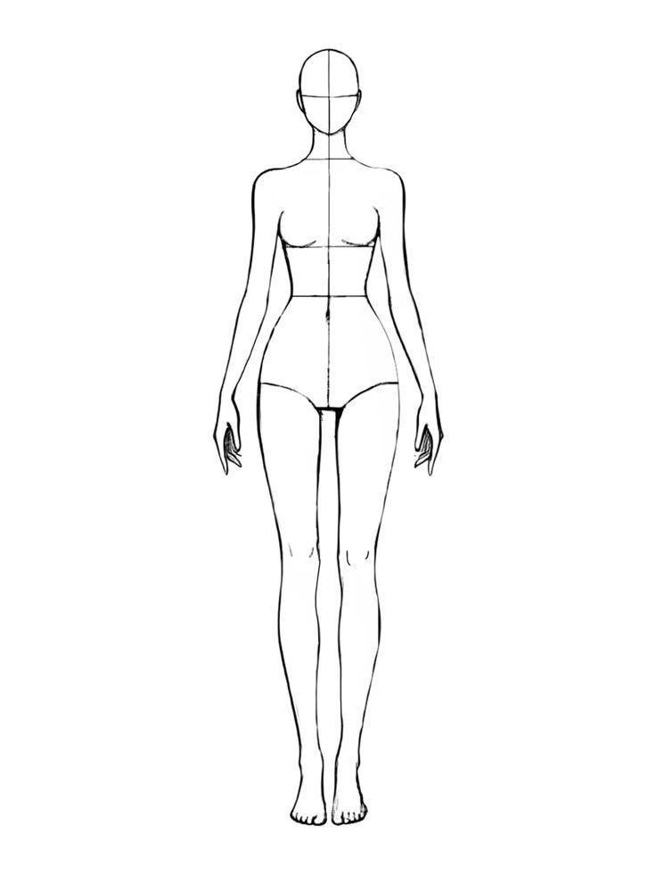 Fashion figure sketch of a female body template for design, displaying front view proportions with guidelines.