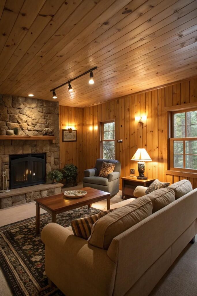 Cozy wooden cabin living room with stone fireplace, sofa, armchair, and warm lighting. Relaxing rustic interior design.