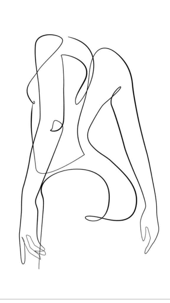 Minimalist line art of a human figure, featuring elegant curves and flowing lines on a white background.