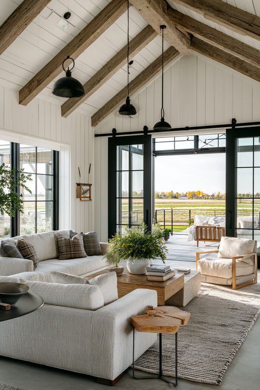 Modern farmhouse living room with vaulted ceiling, cozy furniture, rustic beams, and large windows opening to scenic views.