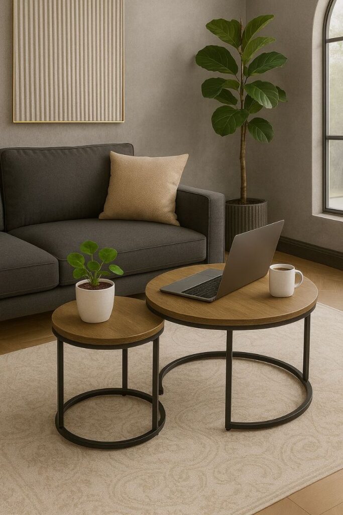 6b80cd4382b16e7bde1b5eab51d62cab Modern living room with gray sofa, wooden coffee tables, laptop, potted plants, and a large window for natural light. | Sky Rye Design Modern living room with gray sofa, wooden coffee tables, laptop, potted plants, and a large window for natural light.