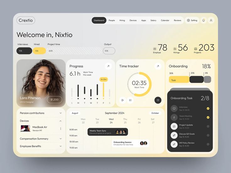 UX/UI designer dashboard showing employee progress, time tracker, onboarding tasks, and calendar events for September 2024.