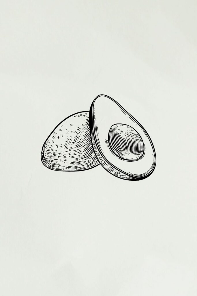 6dc2e39d07fcf11404fc965b5a0d6883 Black and white illustration of a sliced avocado with seed on a plain background. | Sky Rye Design Black and white illustration of a sliced avocado with seed on a plain background.