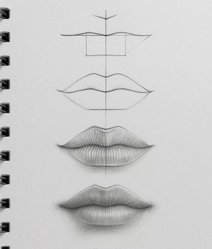 Step-by-step pencil drawing tutorial of lips with sketching guidelines and shading techniques.