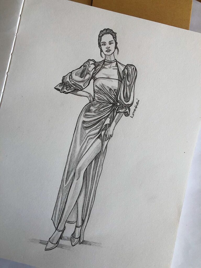 Fashion sketch of a woman in an elegant gown with puffed sleeves and side slit, drawn in pencil on white paper.