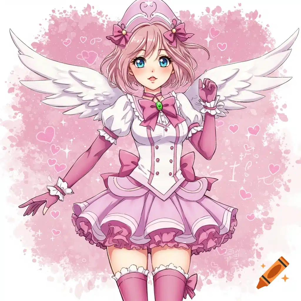 Anime girl in pink magical outfit with wings and hearts background.