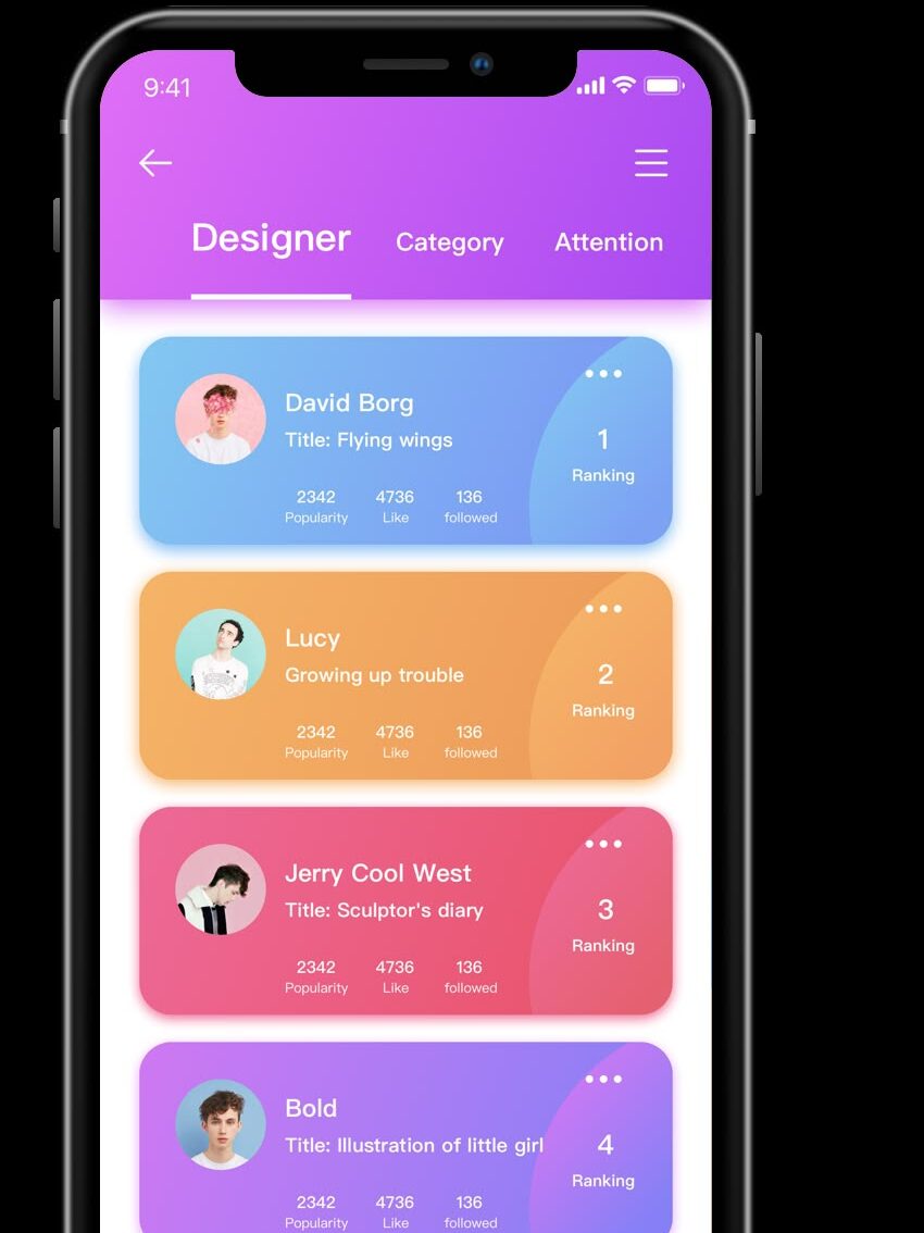 6fe3746796a66c6c679bc9d404e23858 Mobile app interface displaying designer profiles with rankings and popularity metrics. | Sky Rye Design Mobile app interface displaying designer profiles with rankings and popularity metrics.