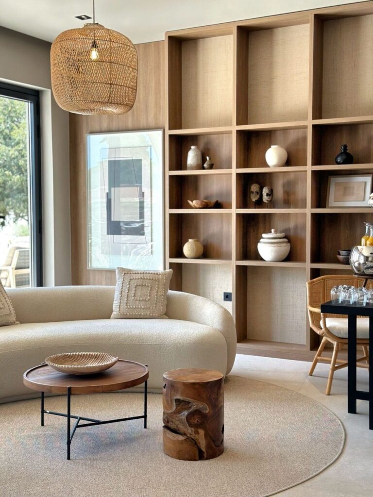 6ffea52b9e28798df277dd4438a5d5d7 Modern living room with cozy sofa, wooden coffee table, unique decor, and open shelving. Natural light and earthy tones. | Sky Rye Design Modern living room with cozy sofa, wooden coffee table, unique decor, and open shelving. Natural light and earthy tones.