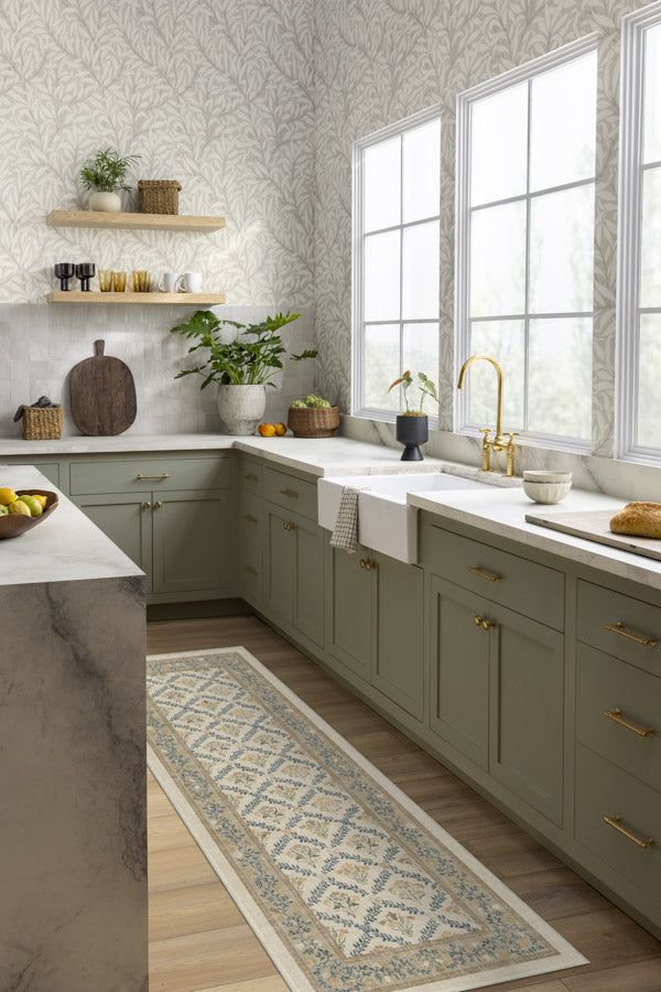 Stylish kitchen with olive green cabinets, gold faucet, farm sink, and patterned rug for a modern rustic look.