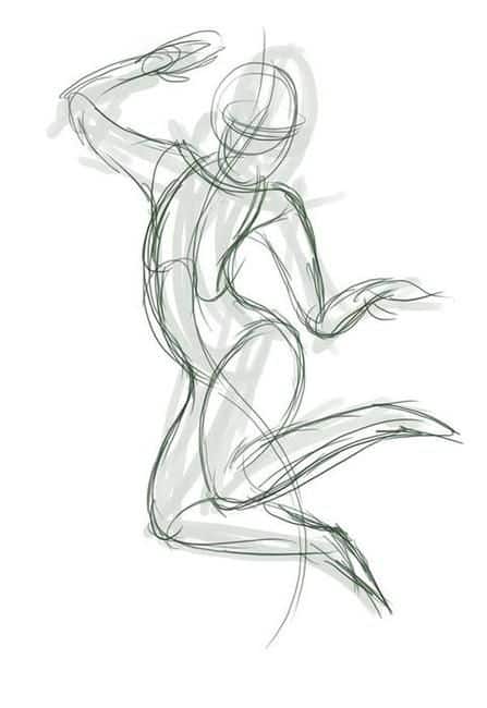 Dynamic sketch of a person in a mid-air pose, showcasing fluid movement and artistic anatomy.