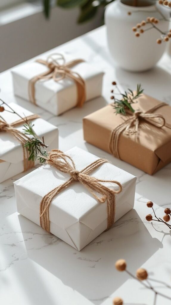 Four elegantly wrapped gifts with natural twine and greenery on a sunlit marble table.