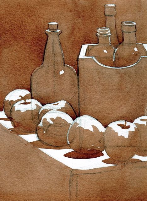 Still life watercolor painting of bottles and apples on a table, showcasing earthy toned aesthetics.