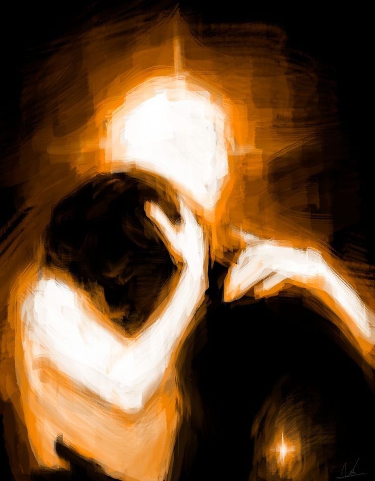 Abstract painting of two figures embracing, rendered in warm orange and black tones, evoking emotion and connection.