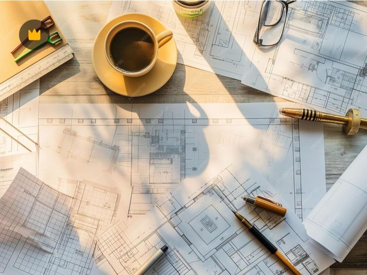 _ 7 Architectural plans on a desk with coffee and tools, illuminated by sunlight. | Sky Rye Design Architectural plans on a desk with coffee and tools, illuminated by sunlight.