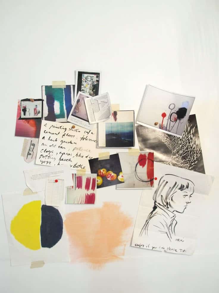 Artistic collage of sketches, photos, and colorful abstract paintings taped to a white wall for creative inspiration.
