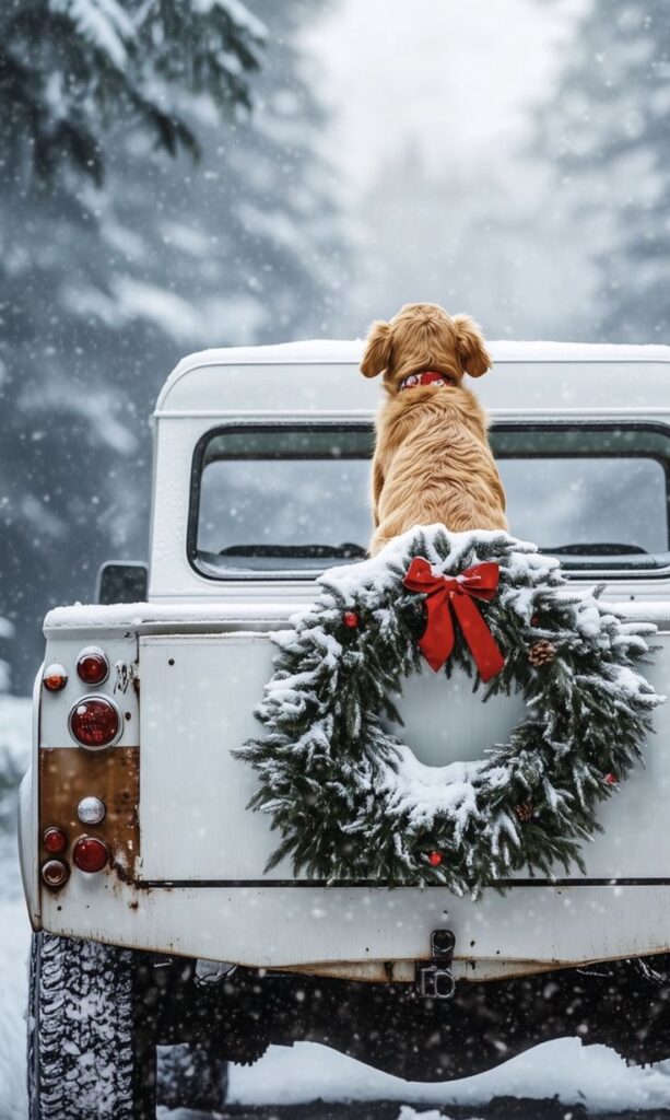 Screenshot Golden retriever on snowy truck with festive wreath in wintry forest setting. | Sky Rye Design Golden retriever on snowy truck with festive wreath in wintry forest setting.