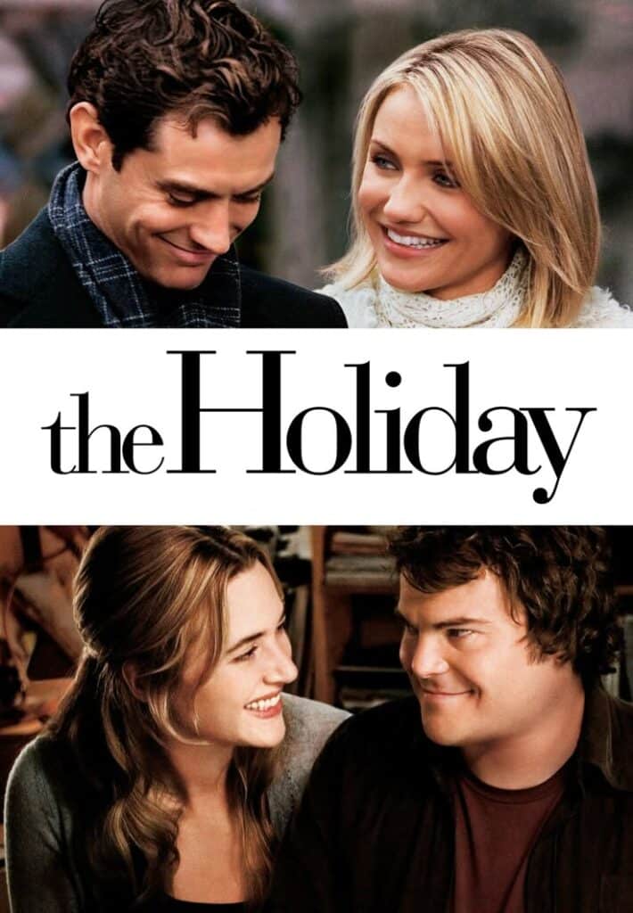Smiling couples from The Holiday poster, showcasing romance and holiday themes.