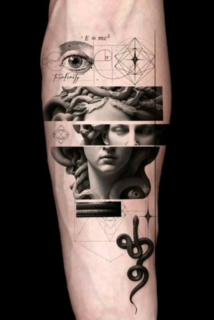 Abstract tattoo art with geometric designs, Medusa, an eye, infinity symbol, and snake on arm.