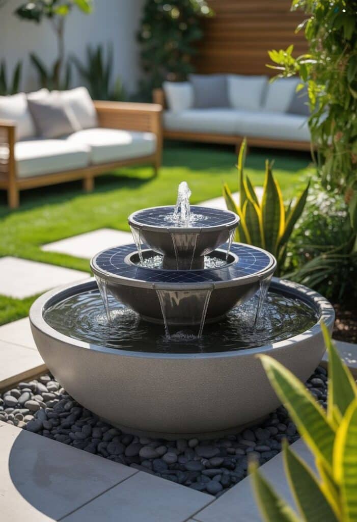 7 Fountain Ideas for the Backyard_ Peaceful Ways to Add Comfort and Beauty Modern tiered garden fountain with flowing water, surrounded by green plants and outdoor seating on a sunny day. | Sky Rye Design Modern tiered garden fountain with flowing water, surrounded by green plants and outdoor seating on a sunny day.