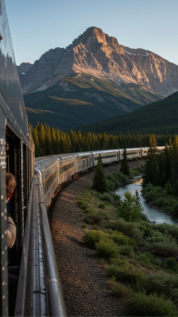 7 Luxury Train Journeys Across America Train winding through lush mountain landscape at sunset, beside a river, under a majestic peak. Scenic railway journey. | Sky Rye Design Train winding through lush mountain landscape at sunset, beside a river, under a majestic peak. Scenic railway journey.