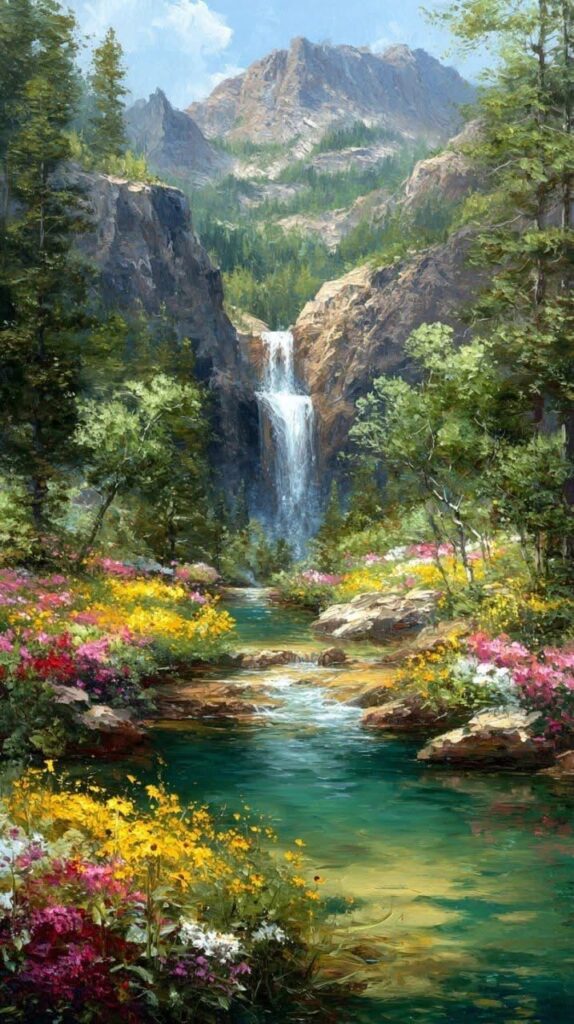 Mountain landscape with waterfall, lush forest, and vibrant wildflowers surrounding a serene stream under a clear blue sky.