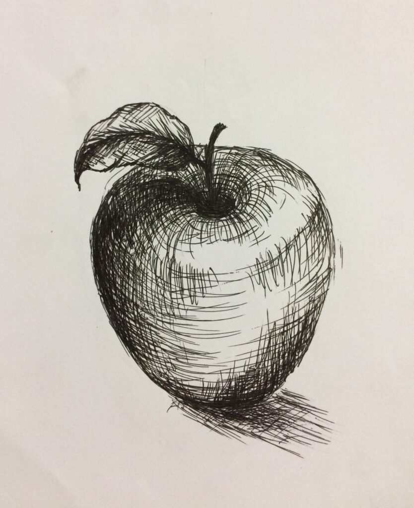 Black ink sketch of an apple with a leaf, intricately crosshatched for texture, on a plain white background.