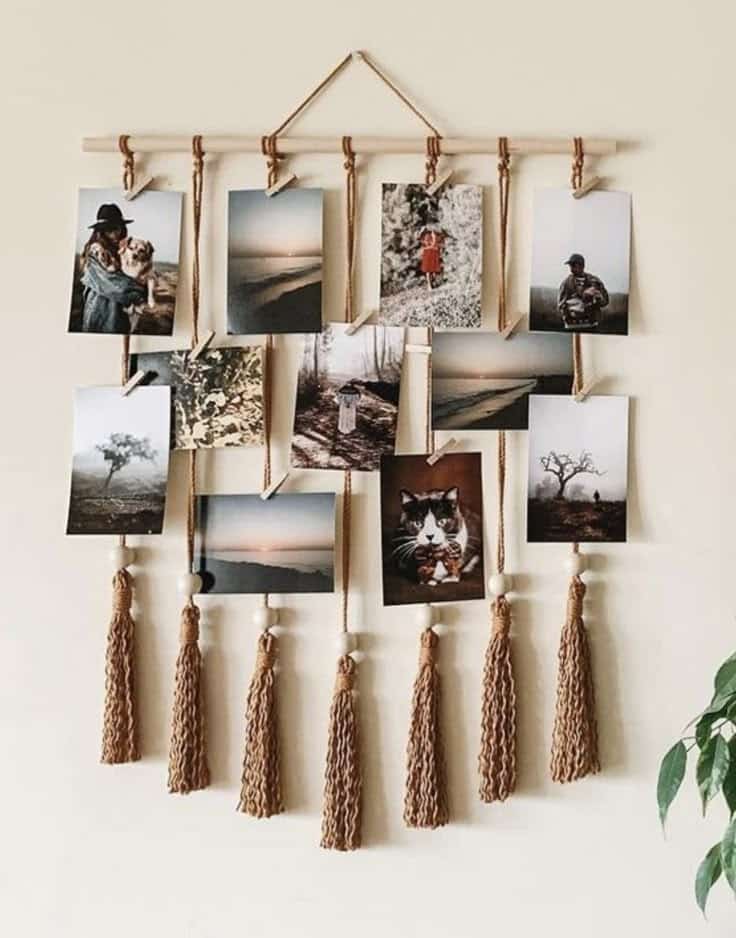 70c31c52-01eb-438f-9175-e770f87ec389 Wall photo display with rustic twine and tassels, showcasing nine nature and portrait photos on beige background. | Sky Rye Design Wall photo display with rustic twine and tassels, showcasing nine nature and portrait photos on beige background.